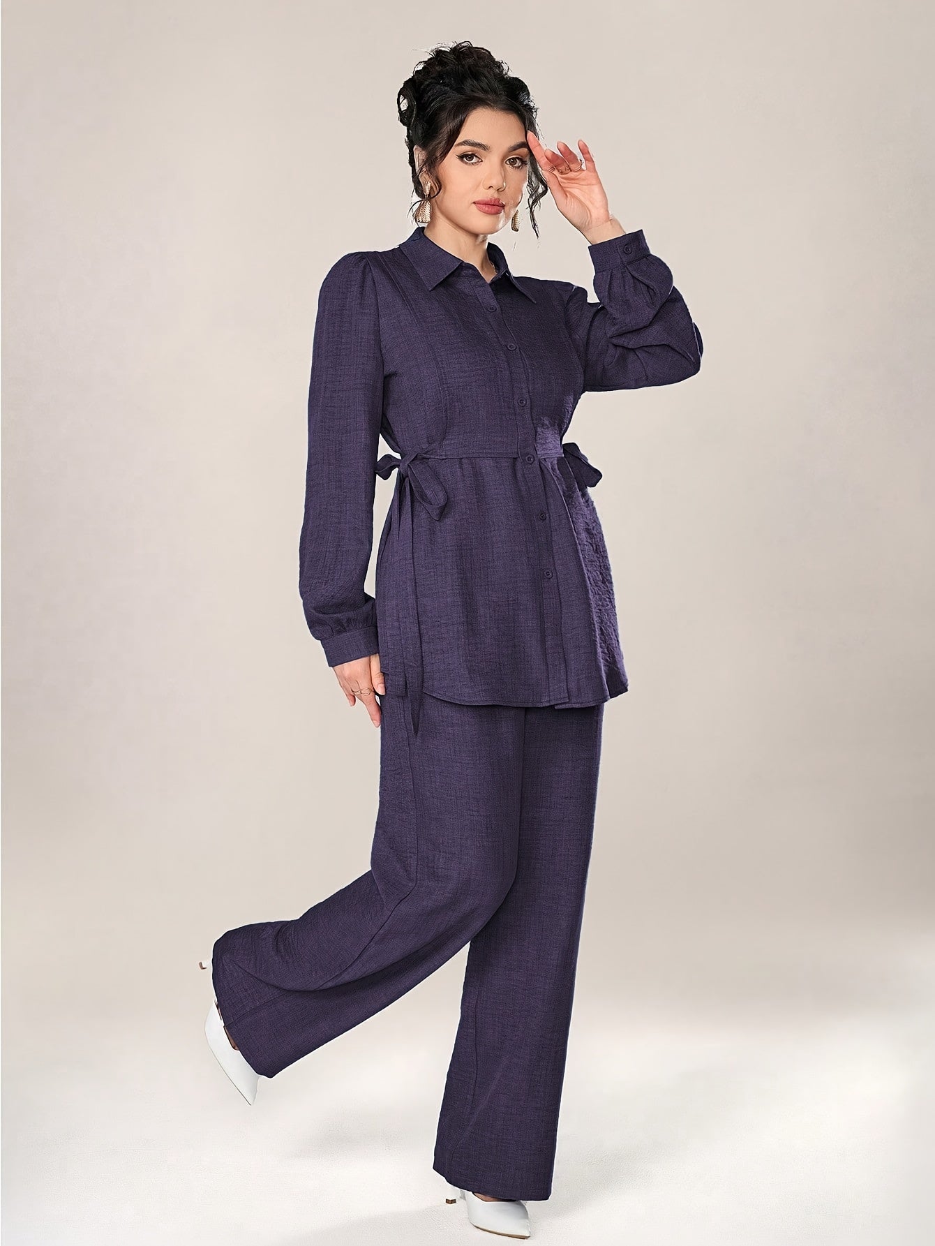 Stylish and Elegant Casual Two-Piece Women's Outfit with Side Tie Single-Breasted Shirt and Wide-Leg Pants for Office Wear