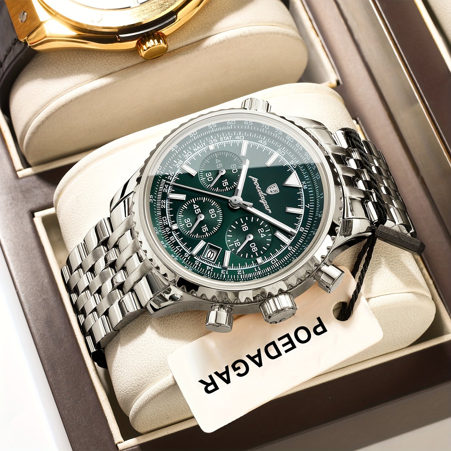 POEDAGAR Men's Luxury Stainless Steel Watch, Chronograph, Calendar, Date Display, Green Dial with Black Bezel & Roman Numerals, Quartz Movement, Casual to Business Style, Suitable for Women