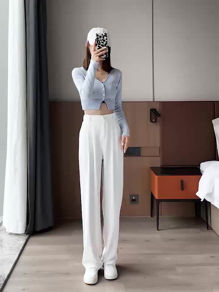 Women'S Elegant Solid Color Straight Leg Pants, Breathable, Comfortable, Fashion Commuter, Polyester, Elastic Waist, Loose Contour, 250g/㎡, for Adult, Spring/Summer/Fall