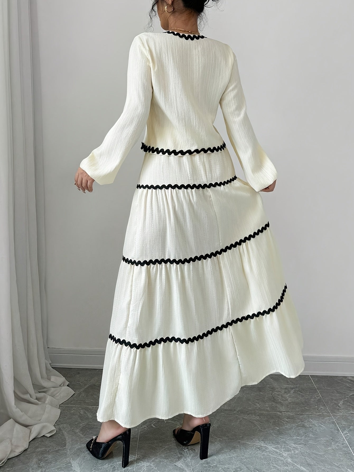 Women's Elegant French Style Lantern Sleeve Ruffle Hem Bow Dress and Skirt Set