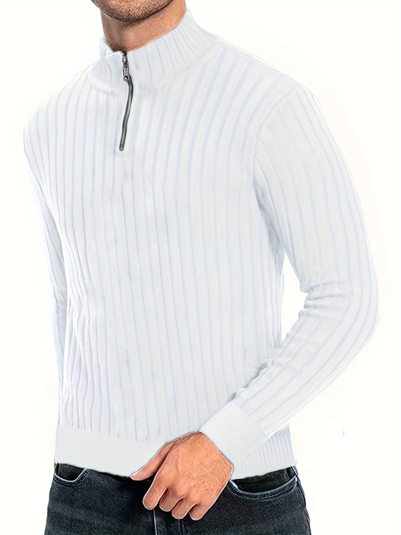 Men'S Casual Polyester Sweater, Solid Color, High Neck Quarter Zip, Long-Sleeved Pullover, Regular Fit, 100% Polyester Knit Fabric, 230g/m² - Fall/Winter Essential
