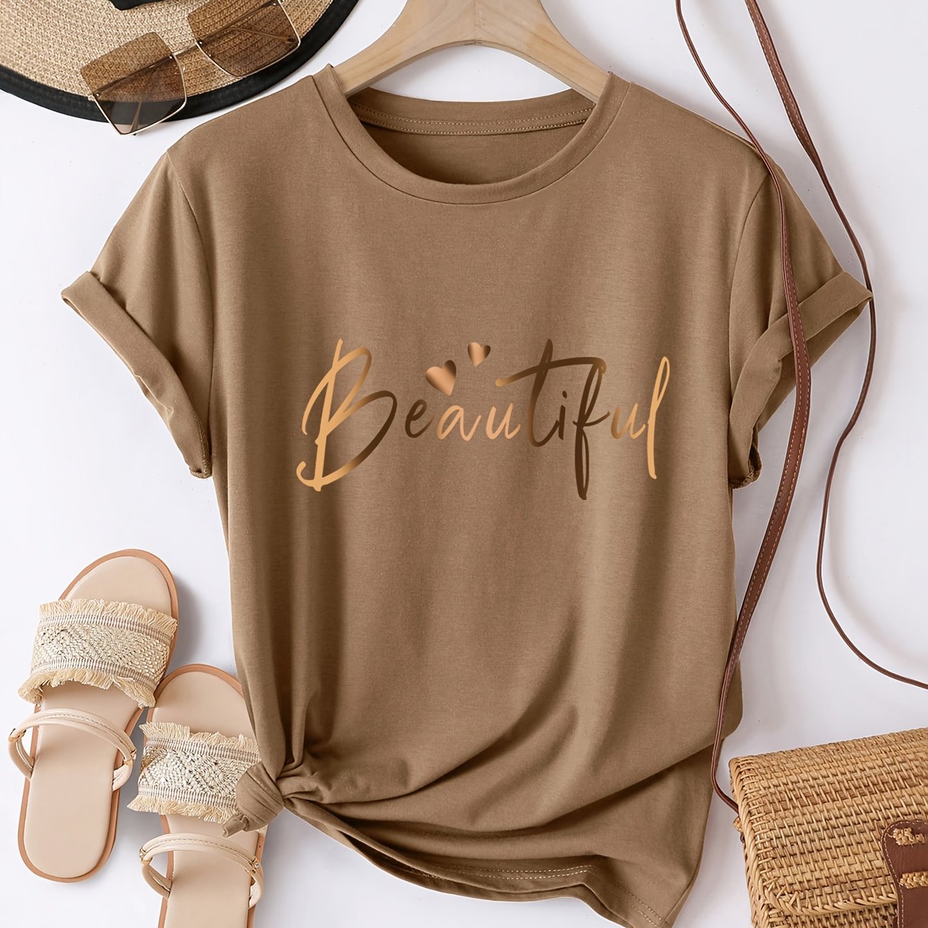 Women's Casual Letter Print T-Shirt - Soft Polyester, Short Sleeve Crew Neck Top for All Seasons, Round Neck, Sports Shirt