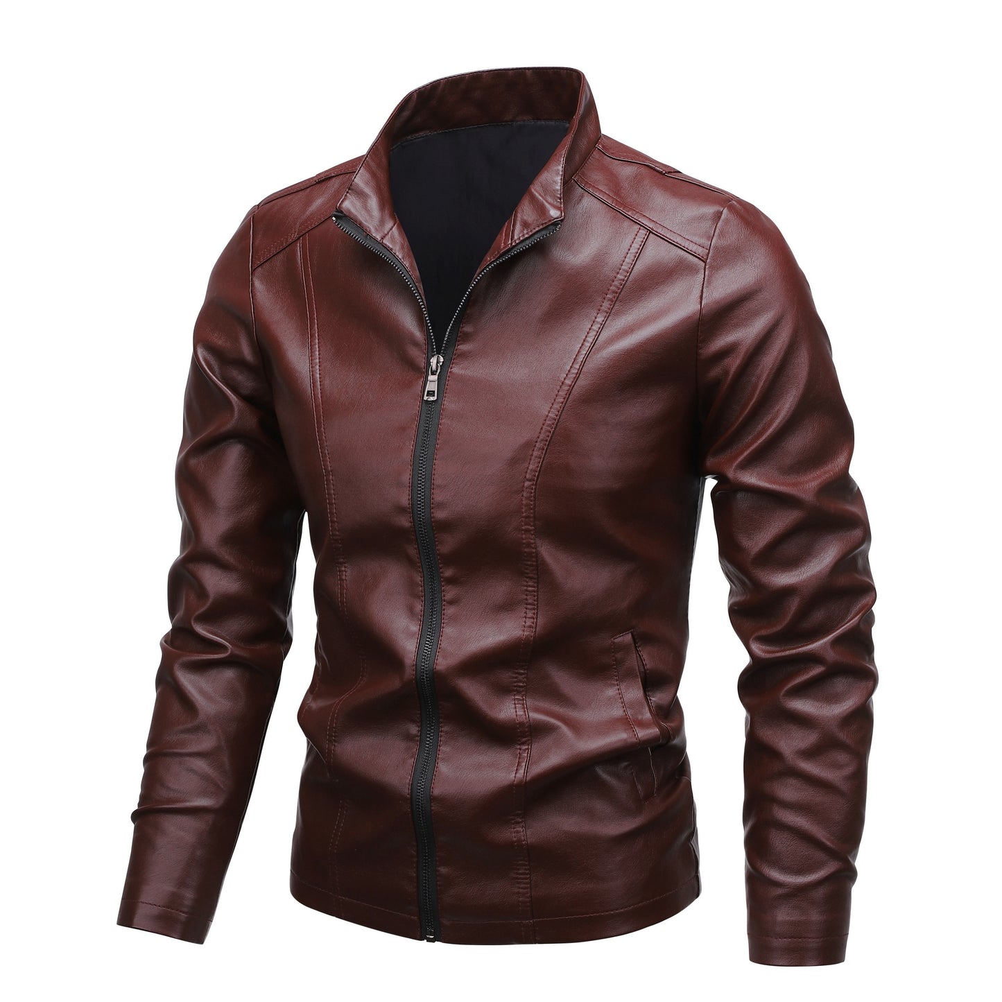 Men'S Casual Jacket - Stand Collar Zip-Up Long Sleeve - 100% Polyurethane, Solid Color, Non-Stretch Woven Fabric, Regular Fit with Functional Pockets for Daily Wear