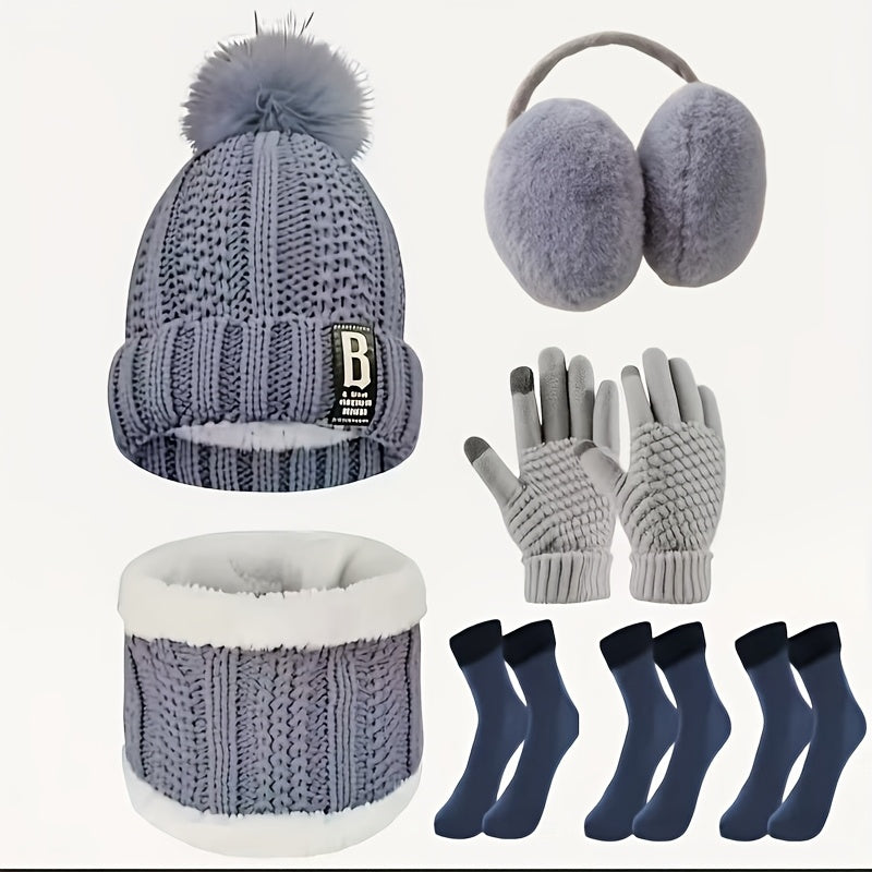 7pcs Winter Thermal Set - Heavy-Duty Cold Weather Outfit with Hat, Gloves, Plush Earmuffs, Thermal Socks - Full Set for Skiing, Snowboarding, Ice Skating, Winter Hiking - Burgundy/Black/White Color Options - Ideal Christmas G