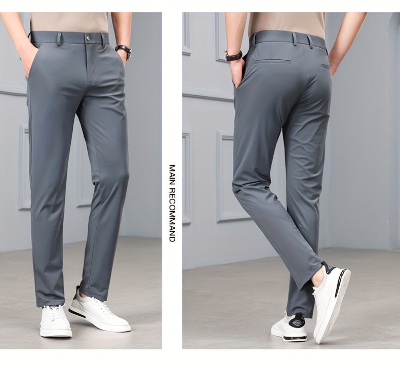 Men's Slim-Fit Stretch Casual Pants with Multiple Pockets - Waterproof, UV Protection, Light Gray, Straight Leg, Nylon Blend for Spring/Fall, Button Closure, Comfortable & Stylish Design, Everyday Comfort Pants | Modern Casua