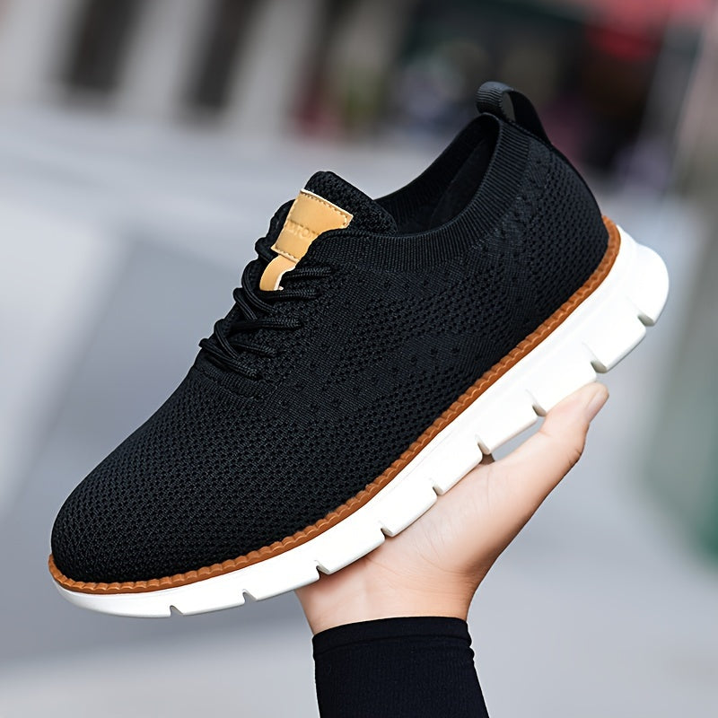 Men's Breathable Knit Business Casual Shoes - Beige with Brown Accents, Lace-Up, EVA Sole, Round Toe, Versatile for All Seasons, Dressy Shoes