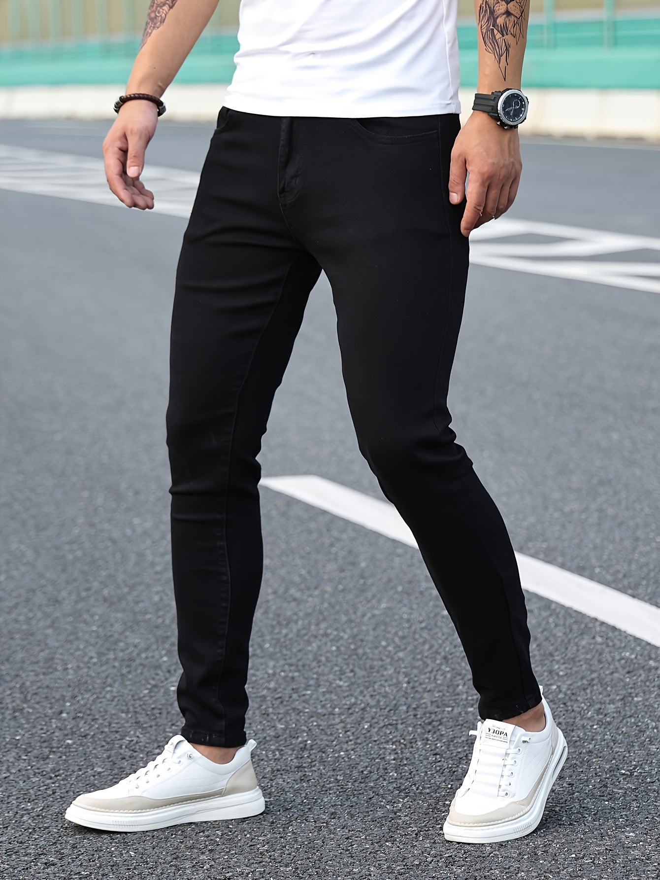 Slim Fit Chic Jeans, Men's Casual Street Style All Match Stretch Denim Pants With Pockets