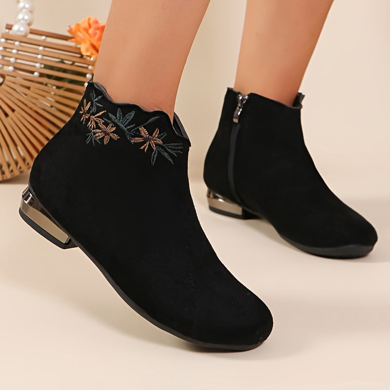 Women'S Casual Ankle Booties with Embroidery - Solid Color Flannel Platform Boots with Zipper Closure, Round Toe, Block Heel, Rubber Sole, Fall Season Low Heel Short Boots with Random Printing Detail