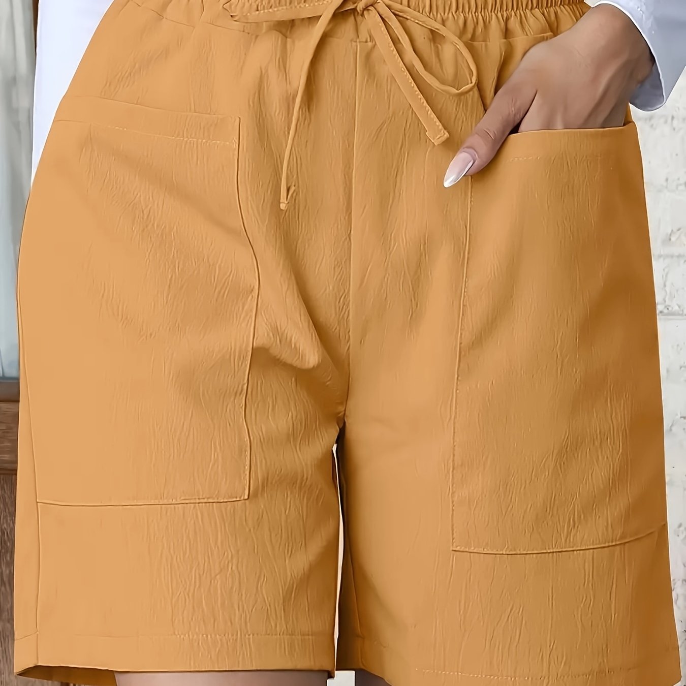 Light Pink Women's Casual High-Waist Wide-Leg Shorts with Tie Drawstring - Polyester, Non-Stretch, Smooth Texture, Summer Ready with Pockets