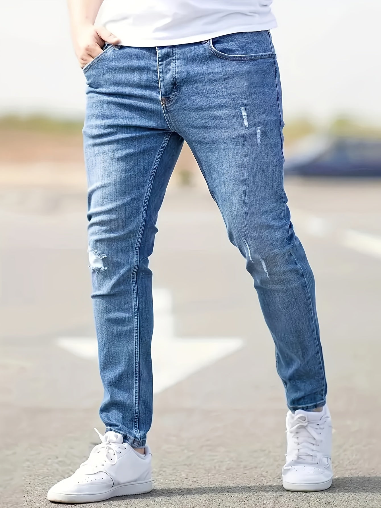 Men's Slim Fit Stretch Jeans - High Waist, Solid Color Casual Denim Pants with Ripped Detail, Machine Washable