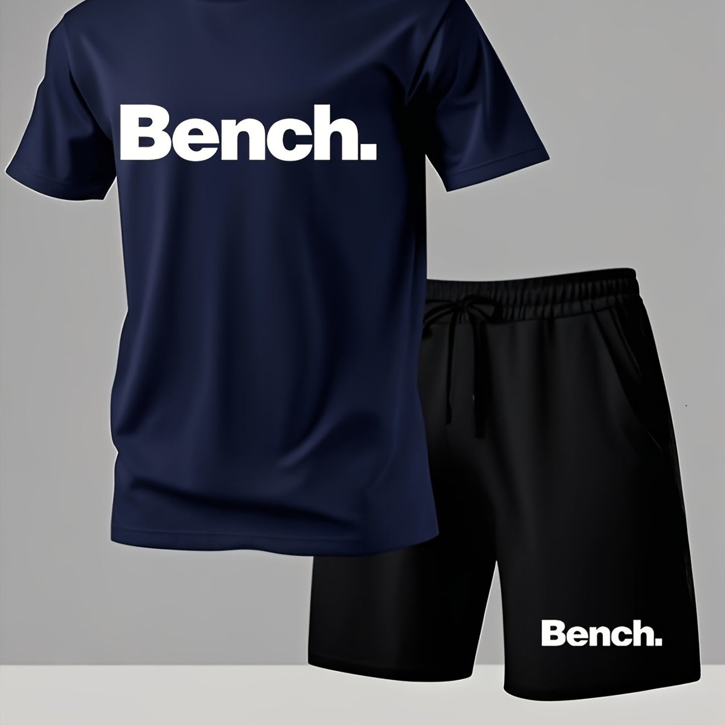 Summer Men'S Casual Sports Short Sleeve T-Shirt and Shorts Set, Knitted Polyester Fabric, Comfortable Breathable, Bench. Letter Print Design - 2pcs
