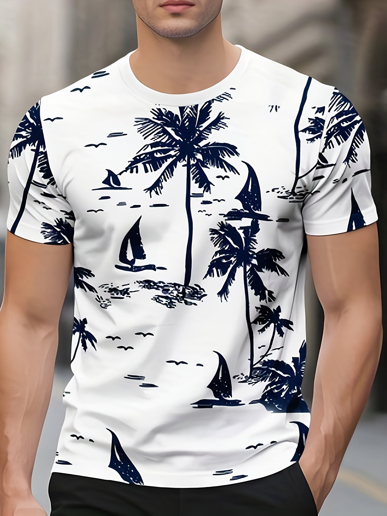 Men'S Quick-Dry Tropical Palm Tree Print T-Shirt - Breathable Round Neck Casual Tee for Summer, Outdoor Daily Wear, Lightweight Comfortable Fit, Outdoor Tshirt Tropical Print Shirt Comfortable Fit