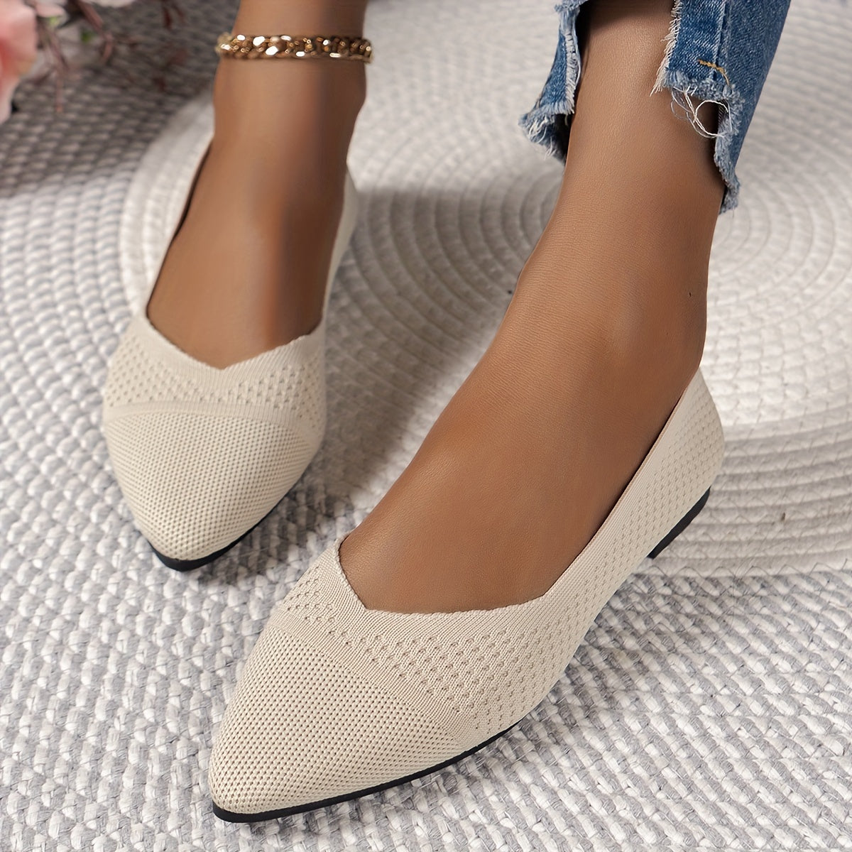 Women's Fashion Flat Shoes, Casual Pointed Toe Knit Flats, Breathable & Comfort Slip-On Ballet Shoes For Daily Wear