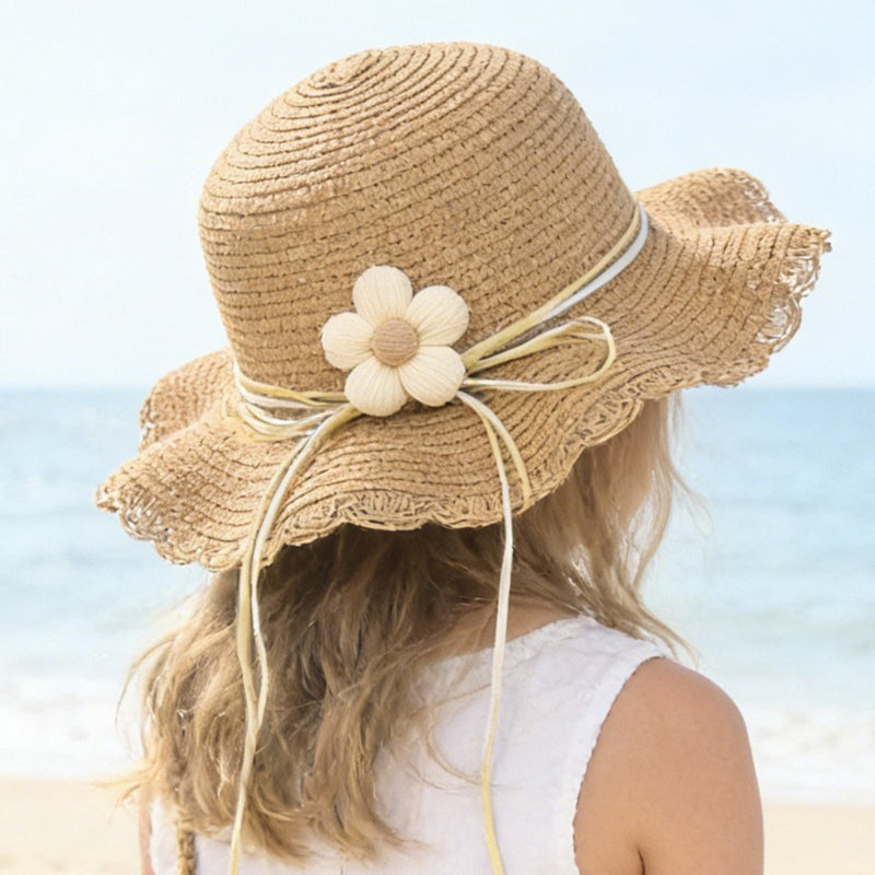 Kids' Paper Straw Hat with Lace Trim & Flower, Adjustable Strap