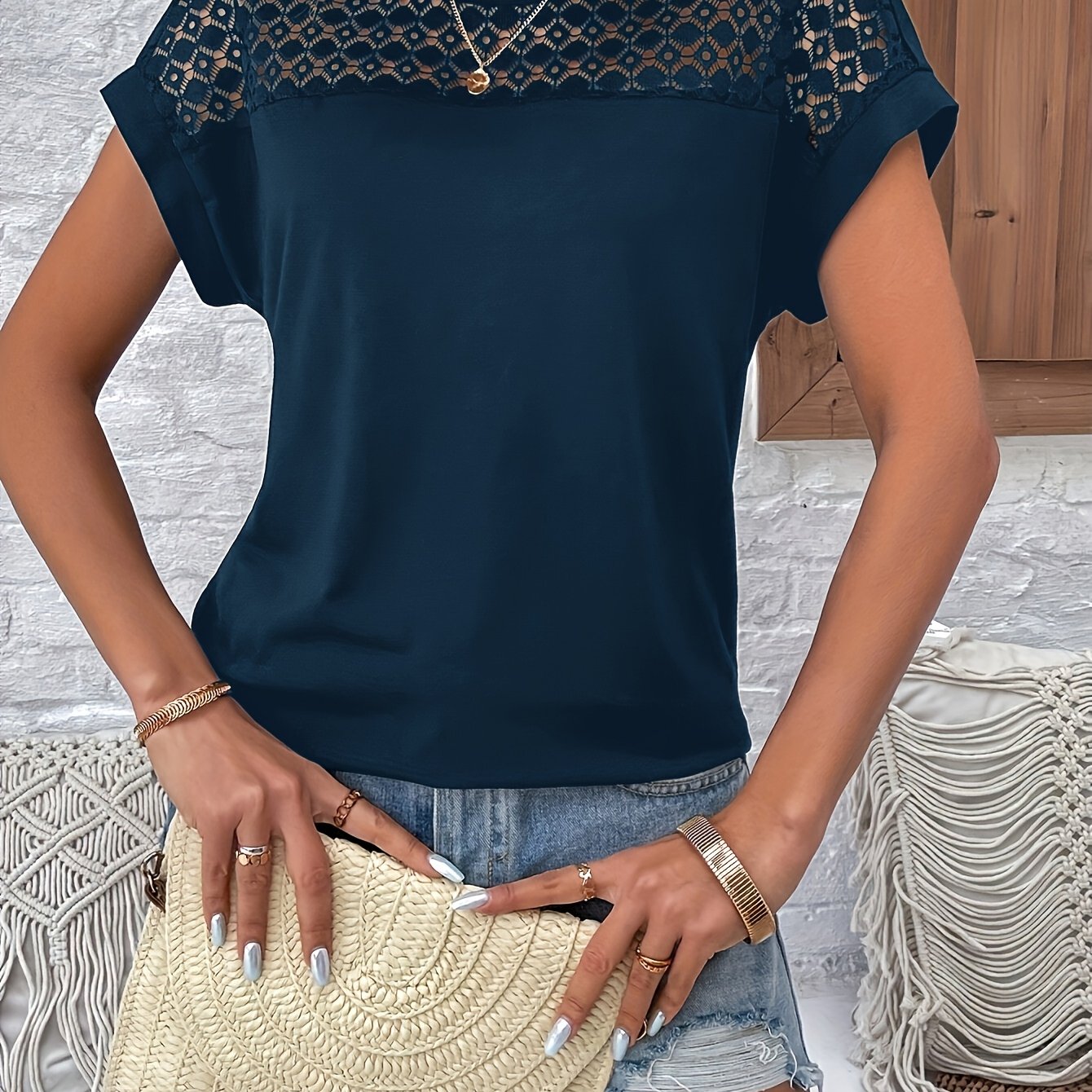 Vacation Style Lace Batwing Short-Sleeve T-Shirt