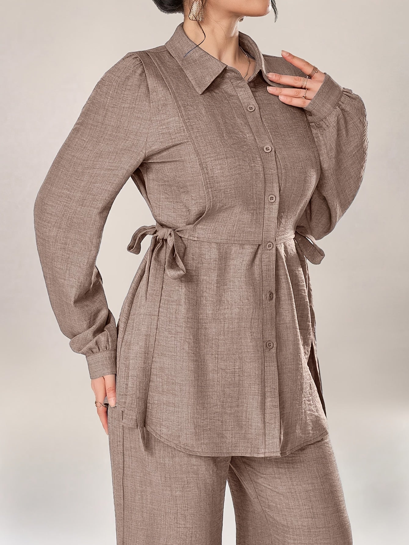 Stylish and Elegant Casual Two-Piece Women's Outfit with Side Tie Single-Breasted Shirt and Wide-Leg Pants for Office Wear