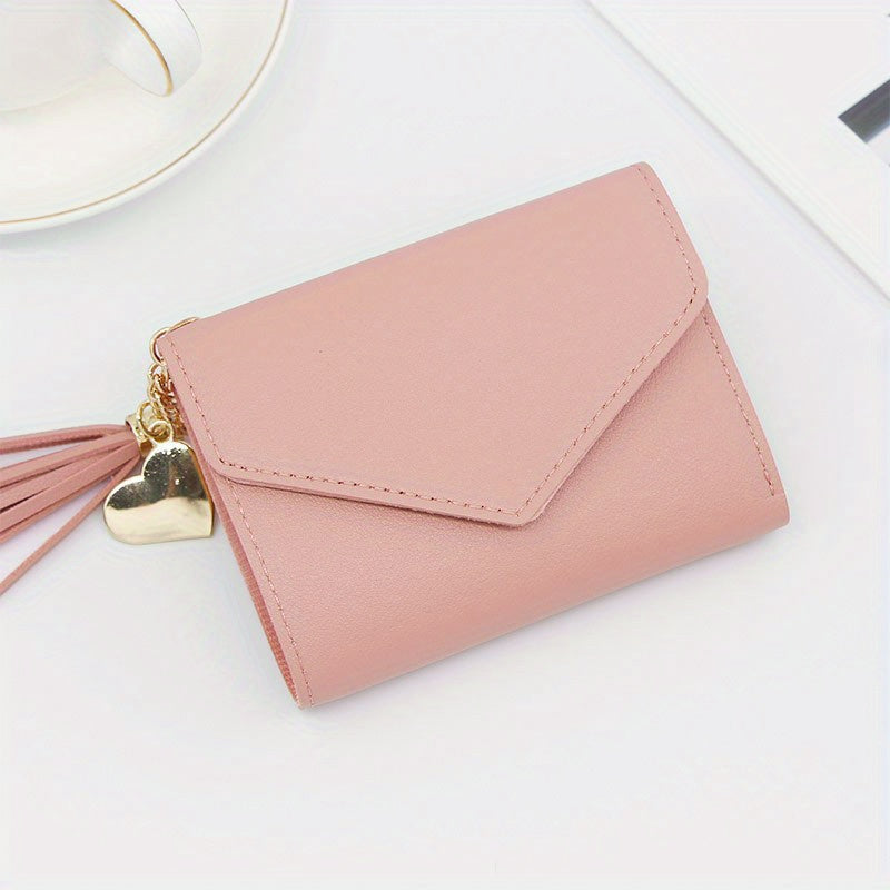 1pc Metal Heart & Tassel Decor Wallet Short Women Wallets Purse, Patchwork Fashion Panelled Wallets, Trendy Coin Purse