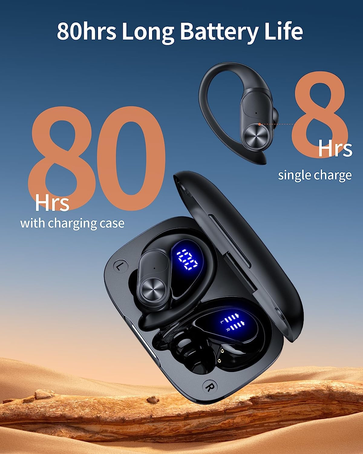 Pocbuds Bluetooth Headphones Wireless Earbuds 80Hrs Playtime Wireless Charging Case Digital Display Sports Ear Buds with Earhook Deep Bass IPX7 Waterproof Over-Ear Earphones for TV Phone Laptop Black