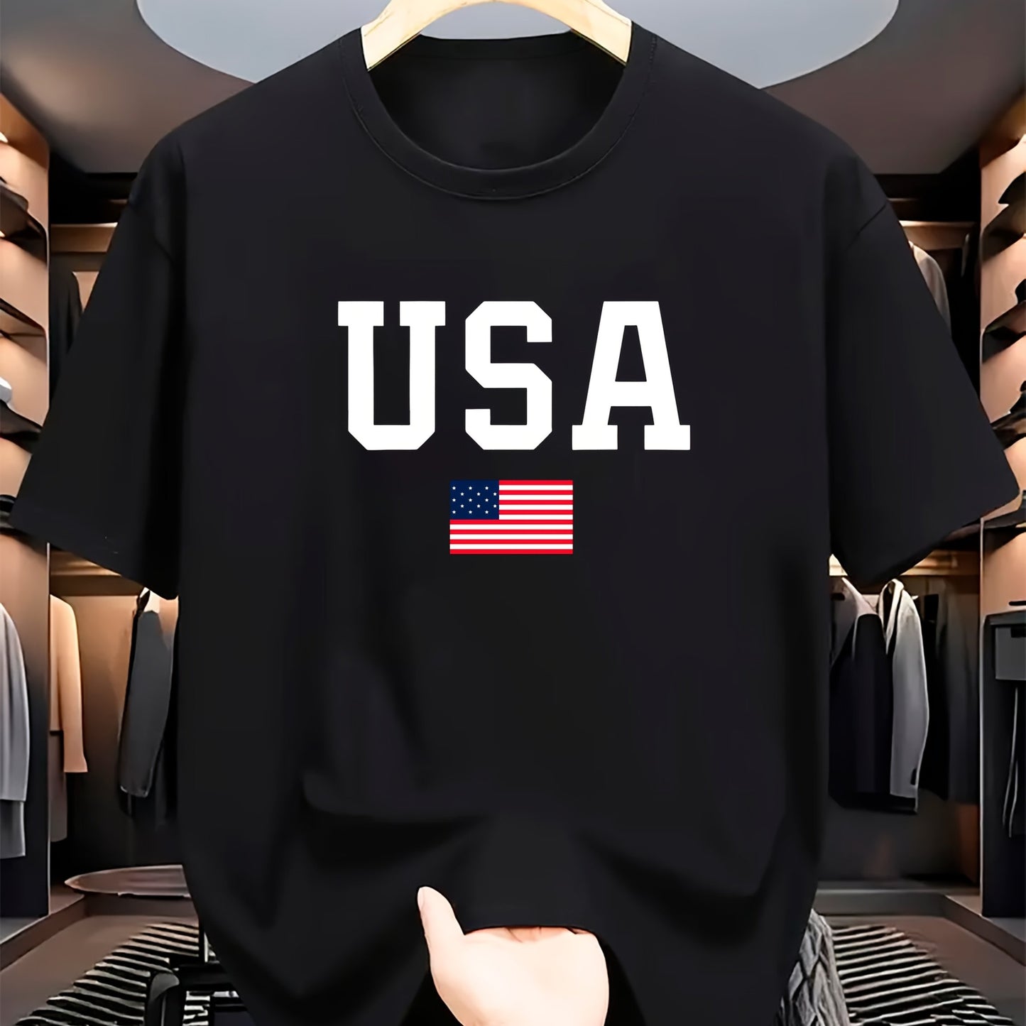 USA Flag Print Crew պարանոցի վերնաշապիկ, սովորական պոլիեսթեր տրիկոտաժե թիկնոց, թեթև ձգվող, այբուբենի ձևանմուշ, տրիկոտաժե դետալ, տղամարդկանց համար, ամառային կարճաթև շապիկ