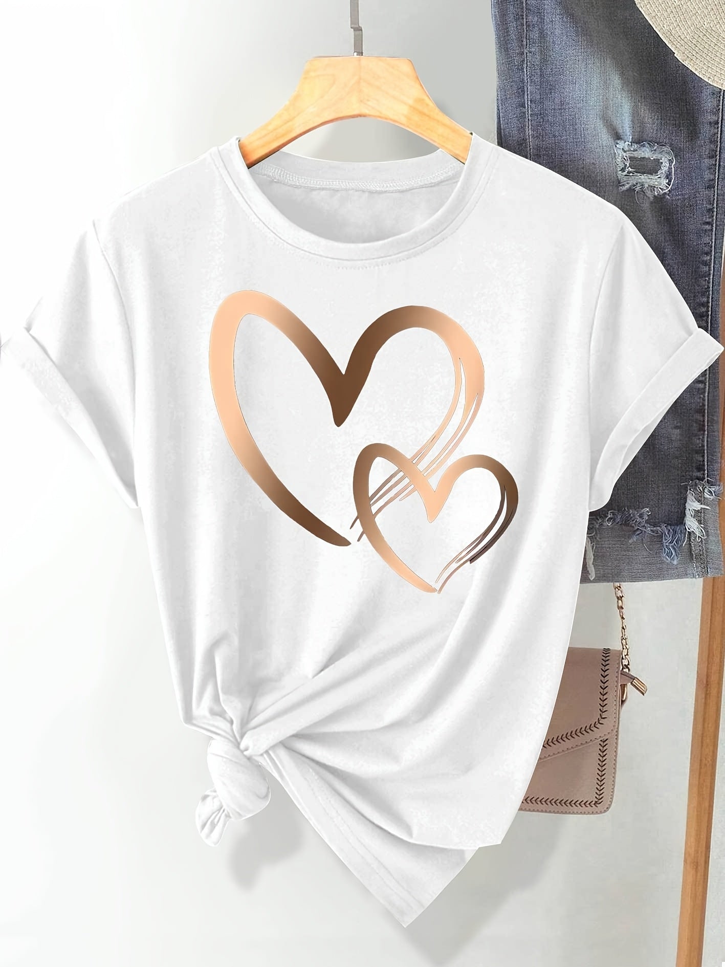 Chic Love Series Gradient Double Heart Graphic Tee for Women - Casual Retro Style, Round Neck Short Sleeve, Breathable Polyester, Machine Washable, in Black with Golden & White Hearts, Sizes S-XXL