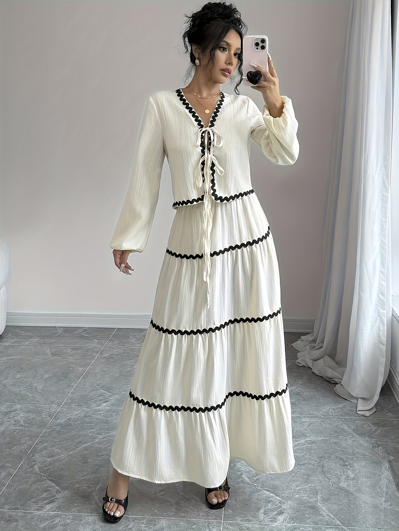 Women's Elegant French Style Lantern Sleeve Ruffle Hem Bow Dress and Skirt Set