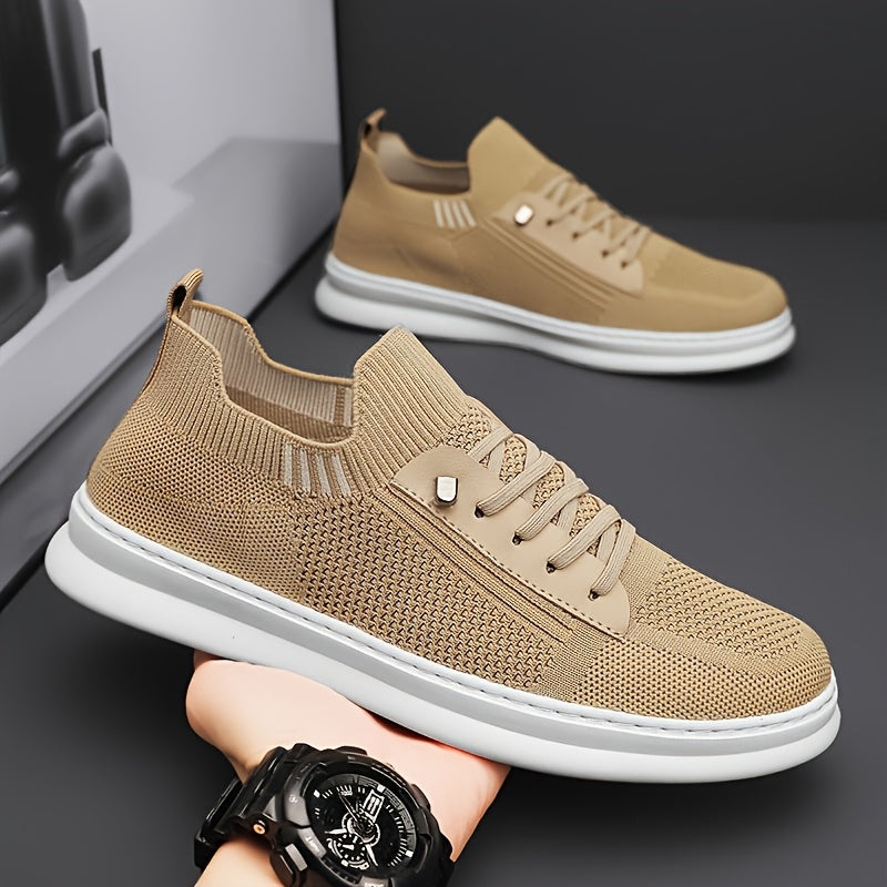 Men'S Breathable Knit Mesh Running Shoes - Anti-Odor Casual Sneakers with Soft EVA Sole, Round Toe Design Low-Top Lace-Up for Jogging, Hiking, Outdoor Daily Wear - Khaki/Black/Gray, Jogging Shoes