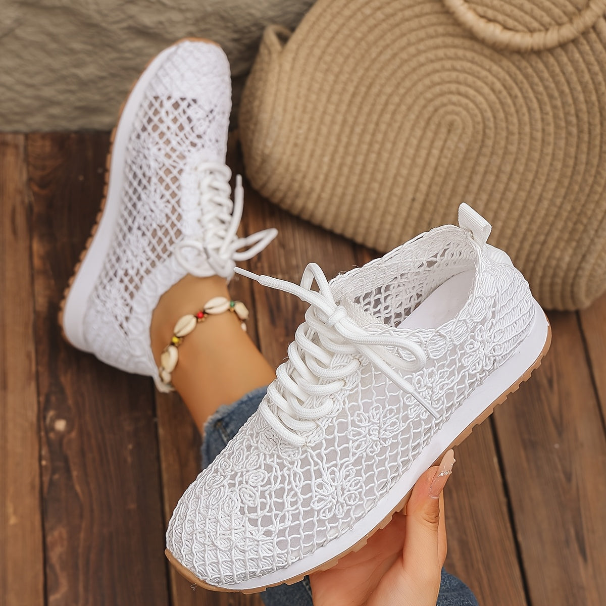 Women's Summer Solid Color Lace-Up Mesh Casual Shoes, Breathable Fabric with Rubber Sole, Net Fabric