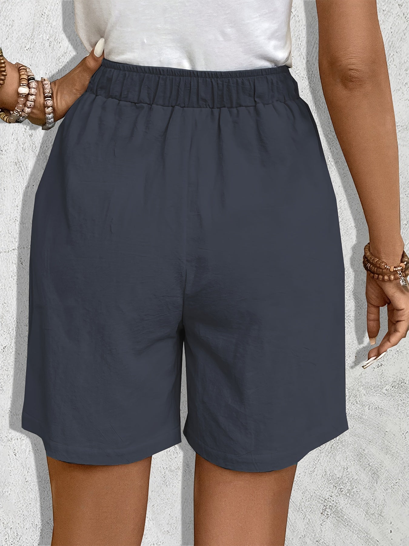 Women'S Casual Blend Shorts, Solid Color, Regular Fit, Non-Stretch Woven Fabric, with Faux Drawstring Detail, for Spring/Summer/Fall - Daily & Vacation Style