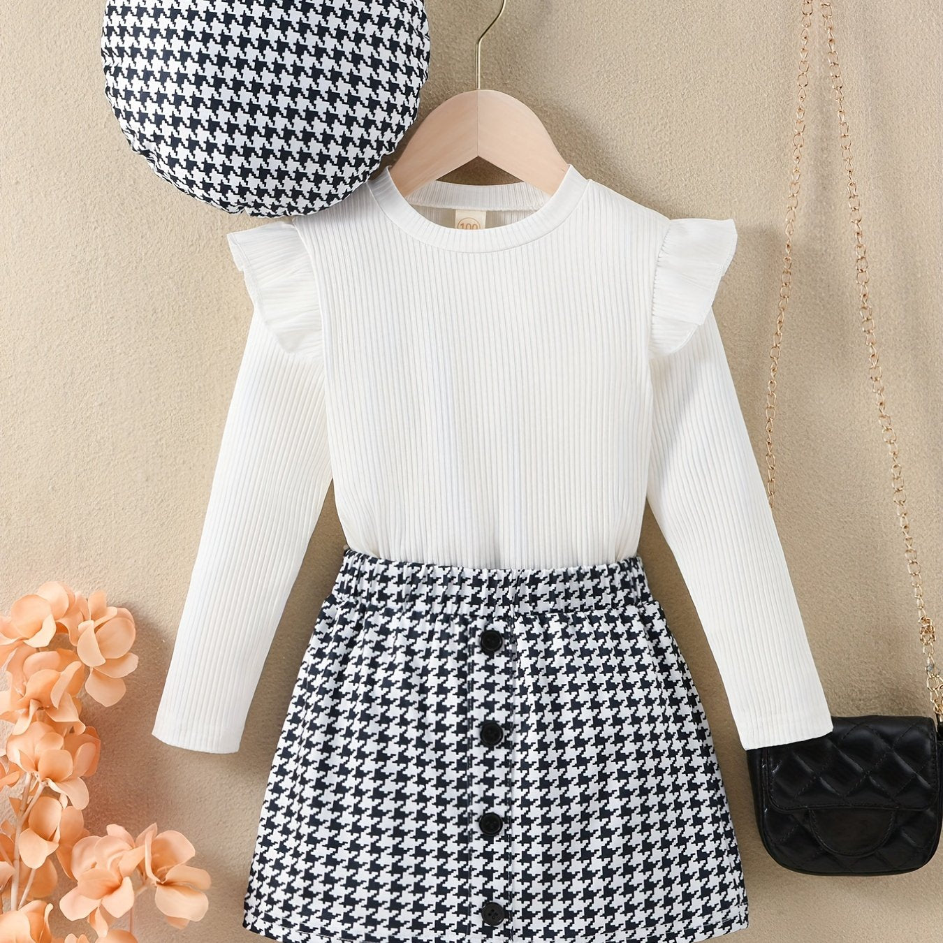 Youngsters Girls Ruffle Tee & Houndstooth պրինտ կիսաշրջազգեստ և գլխարկ