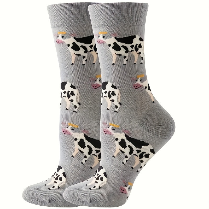 1 Pair Unisex Couple'S Knee-Length Socks, Grey Cow Print, 100% Polyester Knit Fabric, Animal Pattern, Hand Wash/Dry Clean