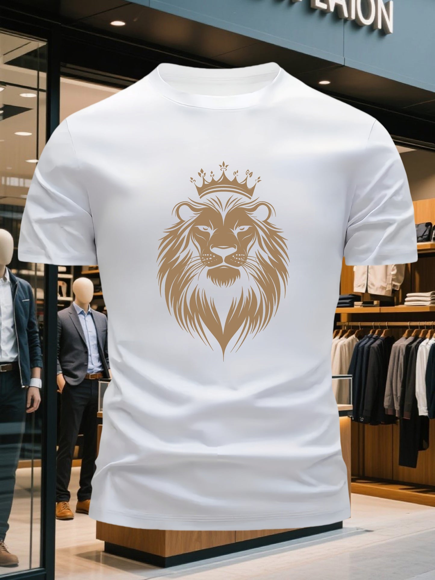 Men's 100% Cotton Crew Neck Short Sleeve T-Shirt with Regal Lion Crown Graphic Print - Navy Blue Casual Comfort Fit, Machine Washable All-Season Versatile Top, Cotton T Shirts, Leisure Clothing, Creative Print Shirt, Soft Tex