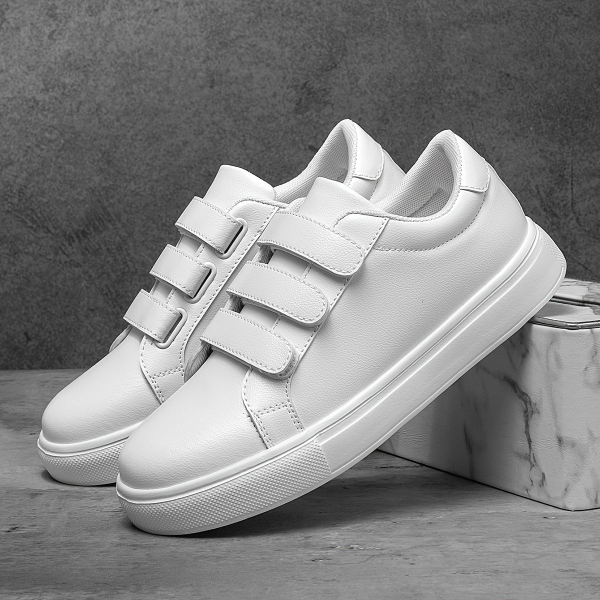 Men's Trendy White Skate Shoes with Hook-and-loop Fastener Closure, Lightweight & Comfortable Casual Sneakers for Casual Attire, Flat Sole, PU Upper, EVA Sole, Fabric Lining, Perfect for Running, Walking, and Street Style