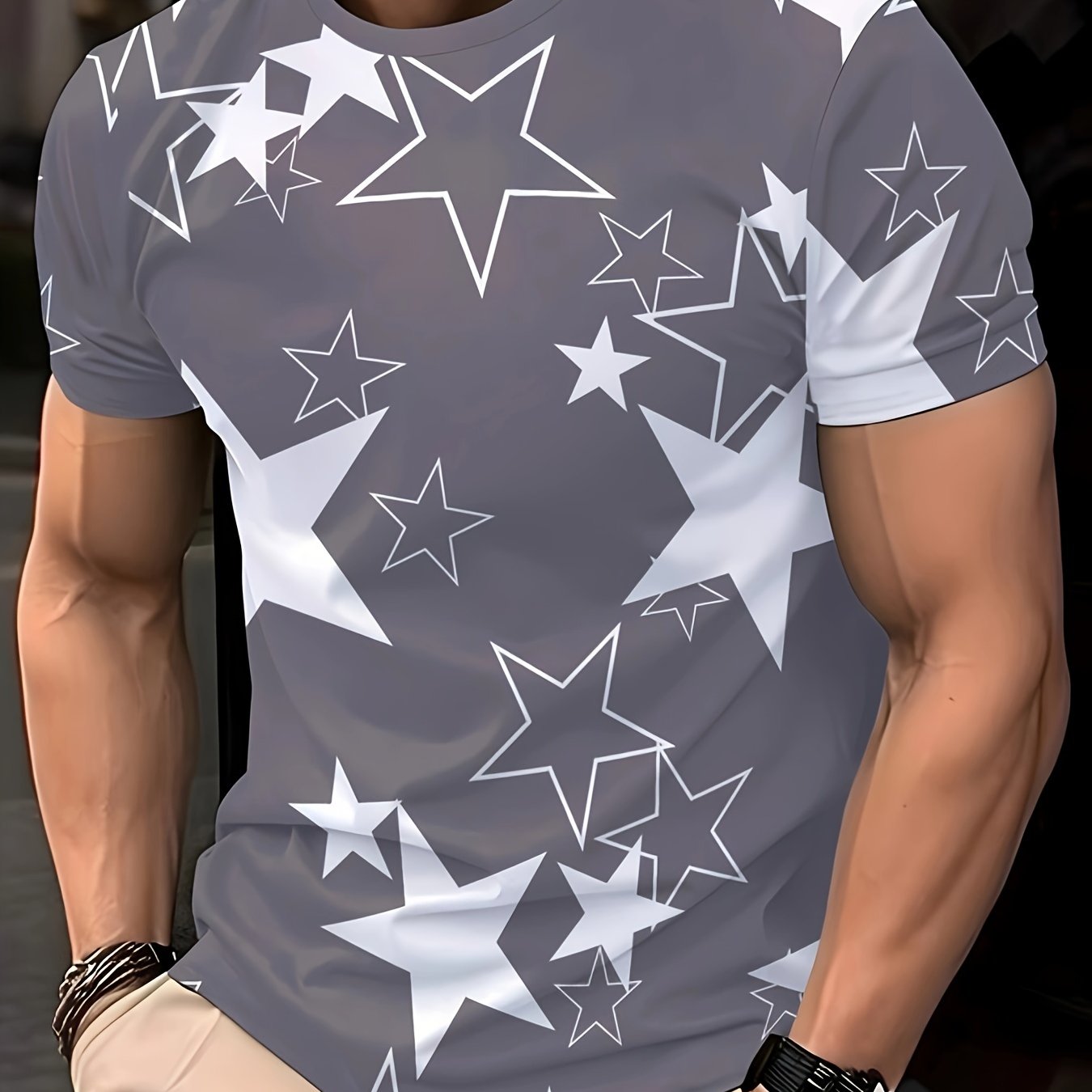 Men's Allover Color Blocking Stars Pattern Short Sleeve Crew Neck T-shirt For Summer, Casual Stylish Tee As Gift