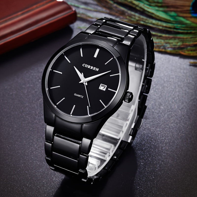CURREN Men'S Quartz Watch, Casual Business Elegant Round Dial Stainless Steel Strap, Battery Powered Calendar Pointer Display, Aluminum Alloy Case, Non-Rechargeable Button Battery