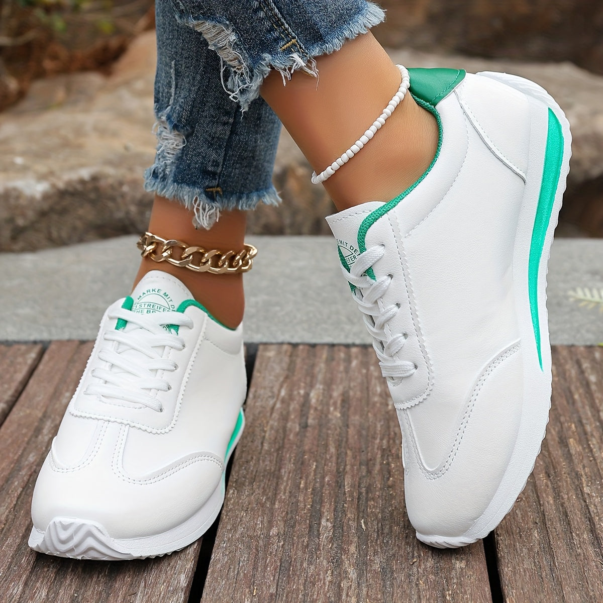 Women's Lightweight Casual Sneakers - White Synthetic Leather, All-Season Comfort, Stability Support, Breathable Fabric Lining, TPR Sole, Perfect for Casual Attire, Cute Shoes