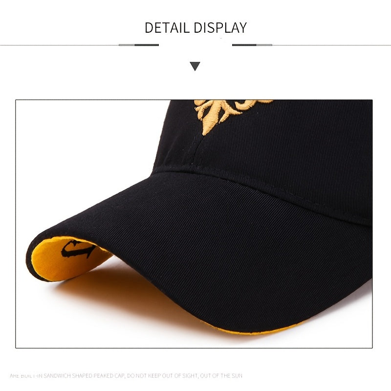 Men's Embroidered Letter Baseball Cap - Adjustable Snapback, Sun Protection, Rayon, Black with Golden Embroidery, Casual Sport Hat for All Seasons