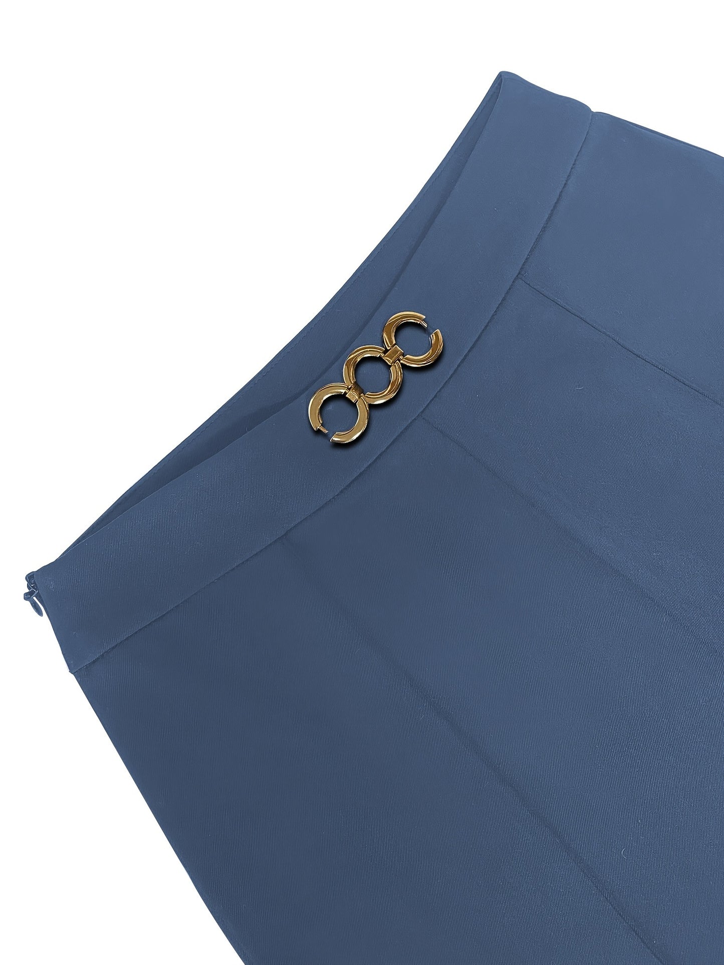 Elegant Navy Blue High-Waist Straight Leg Pants with Golden-Tone Metal Button Detail - Versatile & Chic Women's Workwear, 100% Polyester/Spandex Blend, Machine Washable