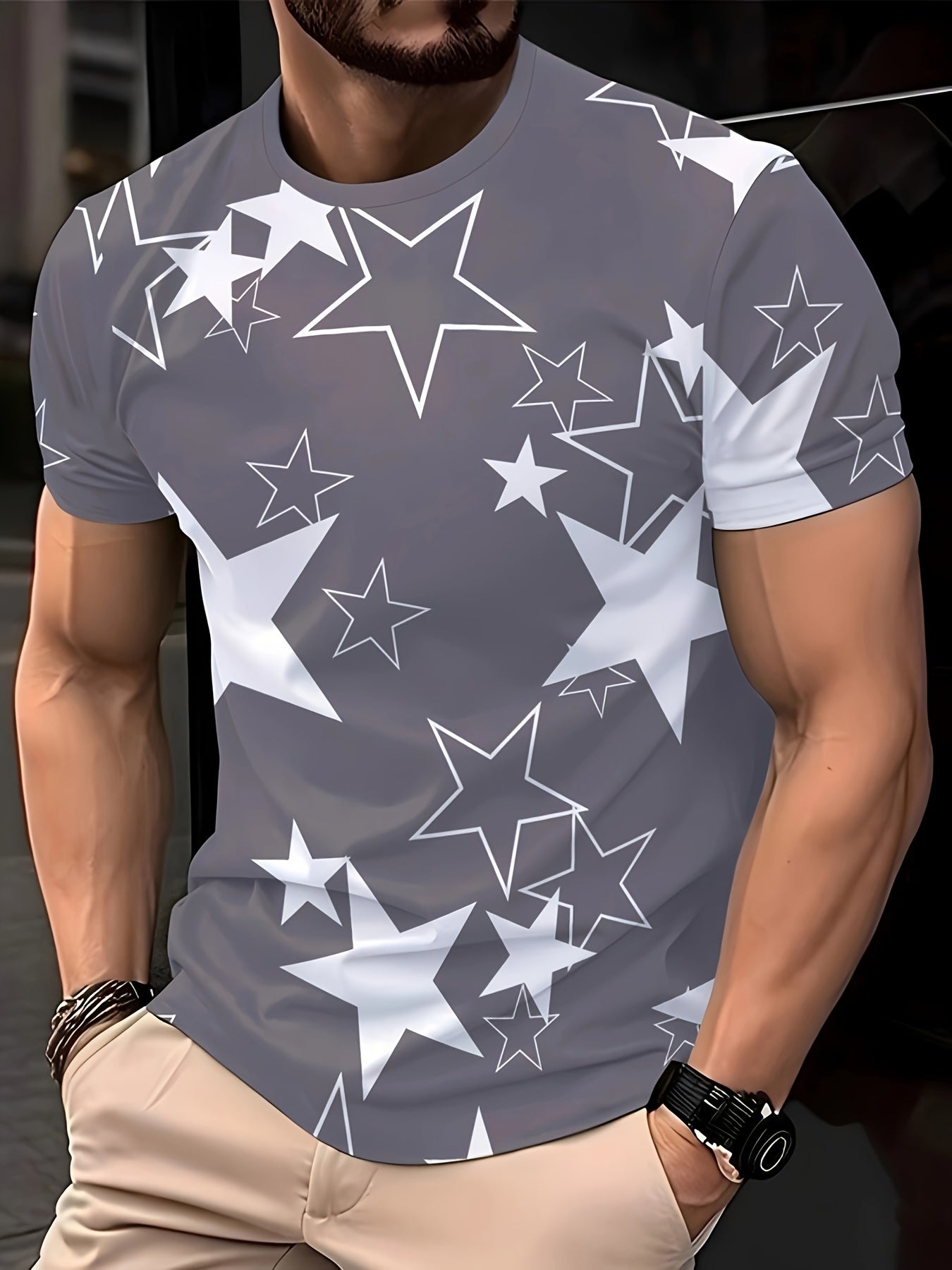 Men's Allover Color Blocking Stars Pattern Short Sleeve Crew Neck T-shirt For Summer, Casual Stylish Tee As Gift