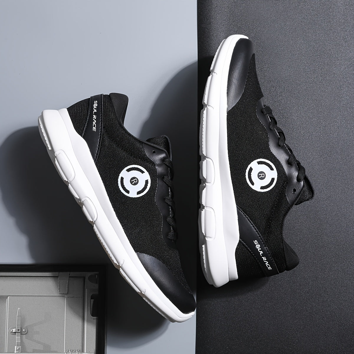 Men's Lightweight Breathable Mesh Sneakers - Casual Lace-Up Running Shoes with EVA Cushioning, Black & White Design, Sizes 8-14