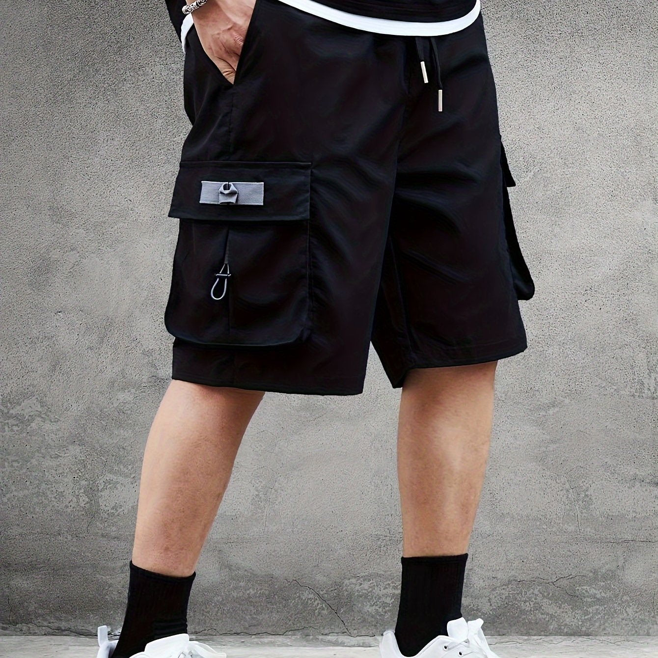 Men'S American Work Shorts, Casual, Solid Color, Loose Fit, Polyester, Woven, with Large Capacity Pocket and Personality Drawstring Design