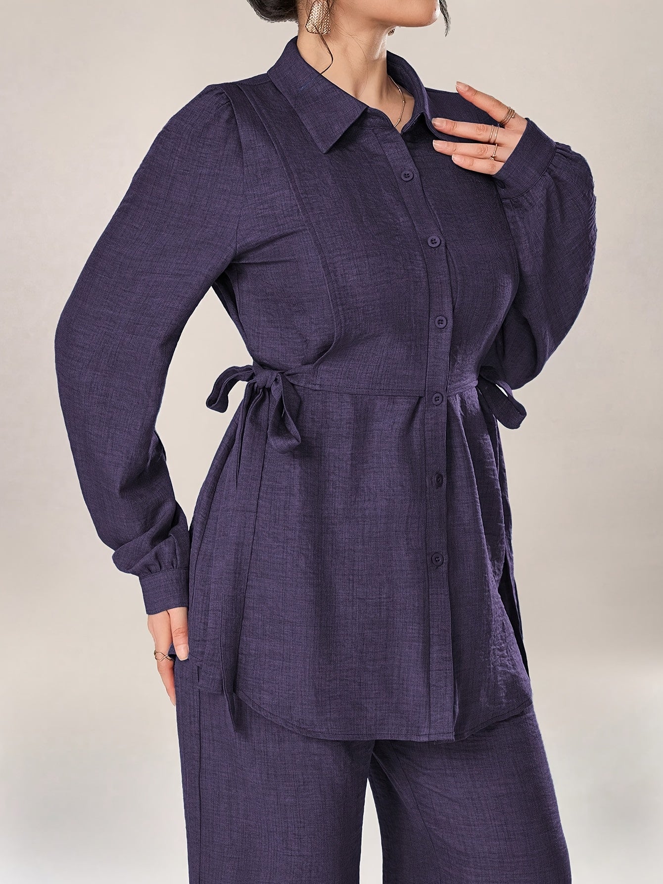 Stylish and Elegant Casual Two-Piece Women's Outfit with Side Tie Single-Breasted Shirt and Wide-Leg Pants for Office Wear