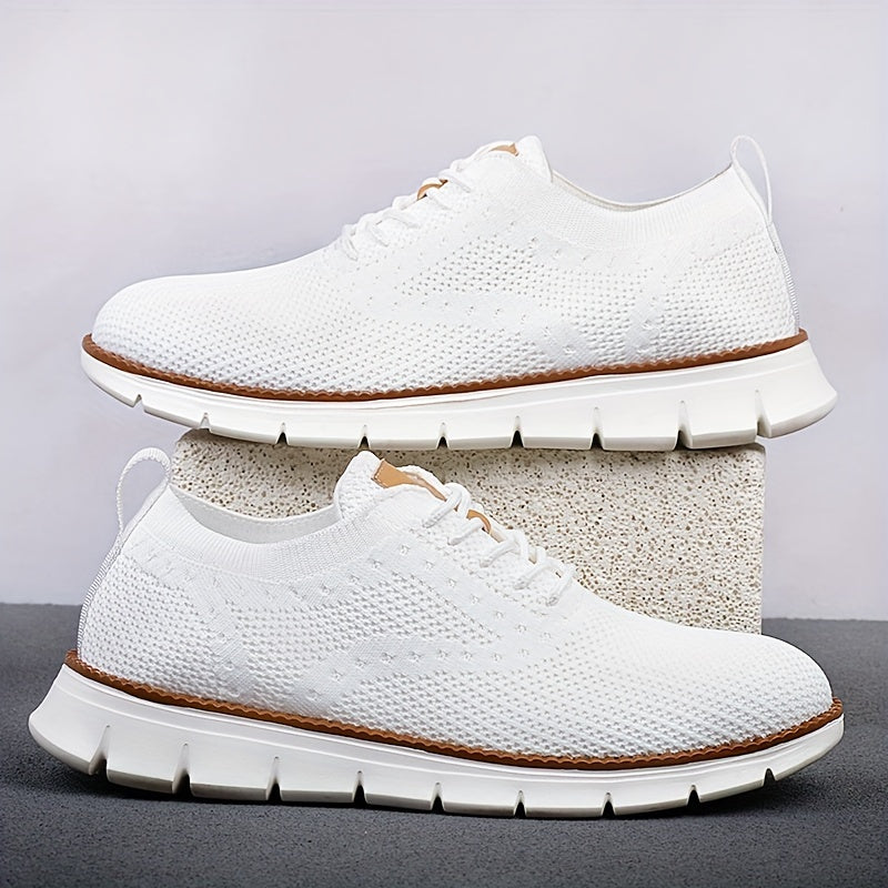 Men's Breathable Knit Business Casual Shoes - Beige with Brown Accents, Lace-Up, EVA Sole, Round Toe, Versatile for All Seasons, Dressy Shoes