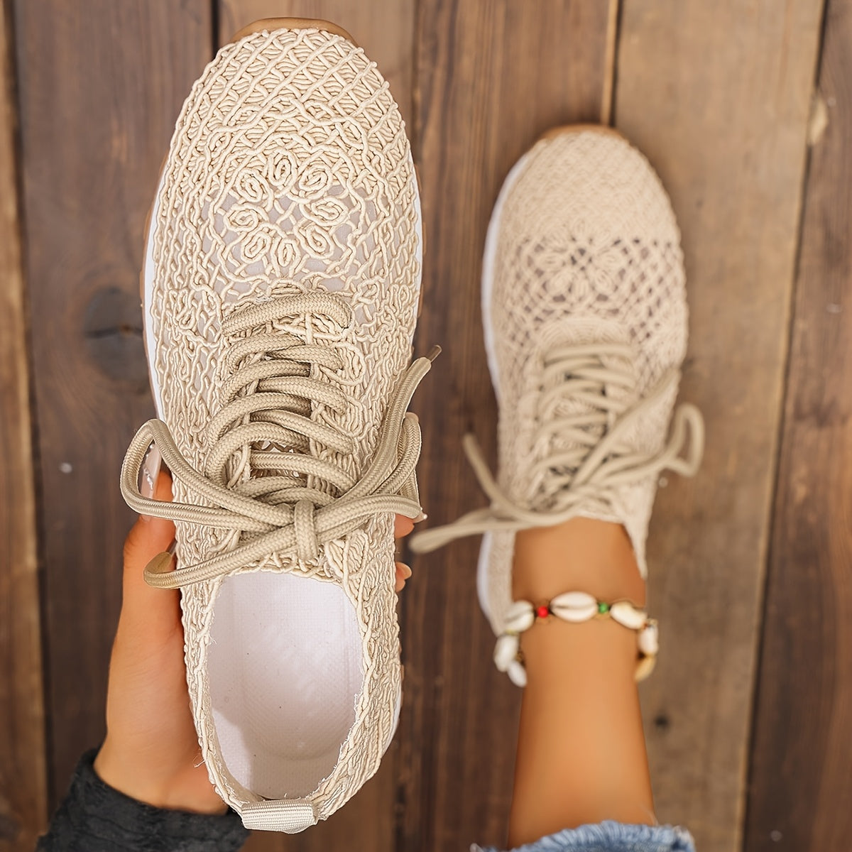 Women's Summer Solid Color Lace-Up Mesh Casual Shoes, Breathable Fabric with Rubber Sole, Net Fabric