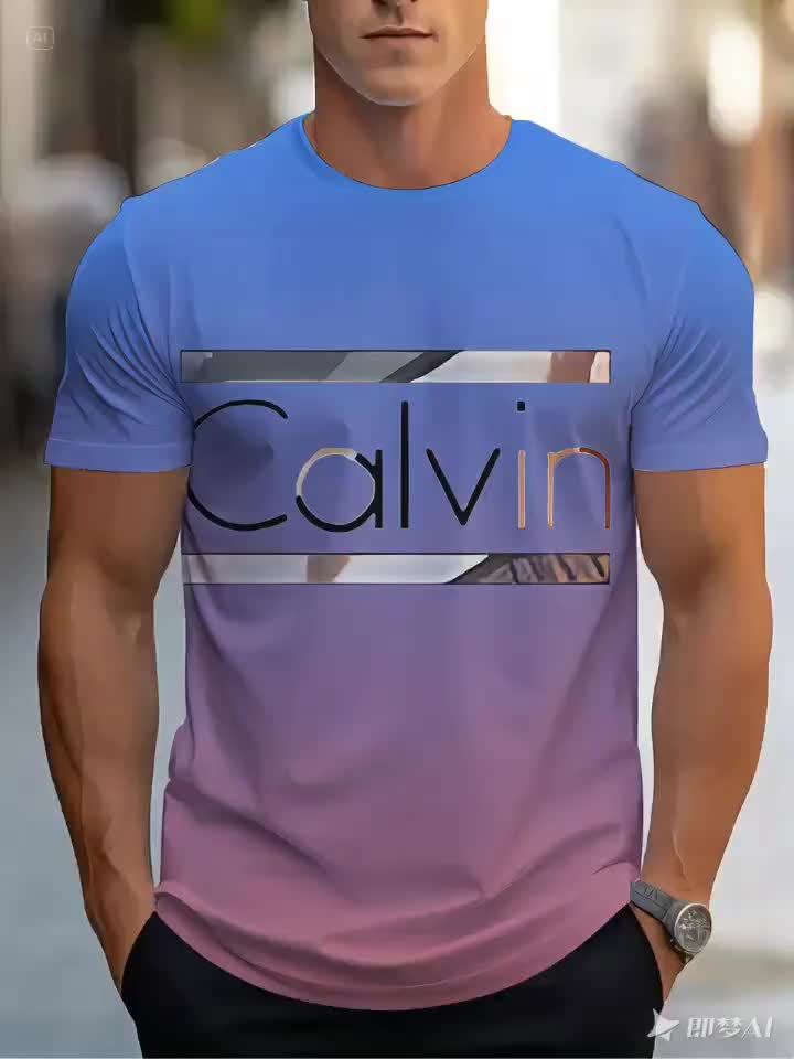 Men'S "Calvin" Graphic T-Shirt - Casual 3D Print Letter Tee with Geometric Design, Short Sleeve, Round Neck, Light Blue, Perfect for Summer, Everyday Sportswear, Casual Wear Tee Modern Casualwear Comfortable Fit