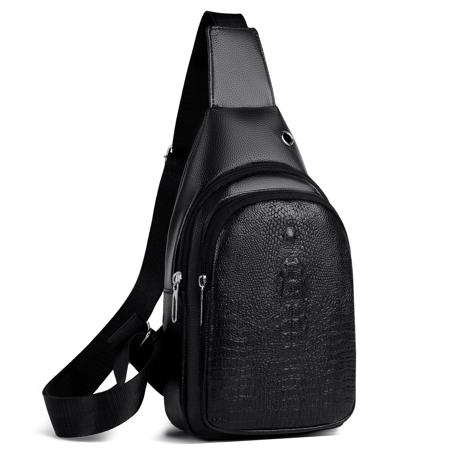 Men's Stylish Black PU Leather Sling Bag - Large Capacity Lightweight Crossbody Chest Pack with Embossed Design & External Earphone Hole for Casual Outings, Crossbody Bag
