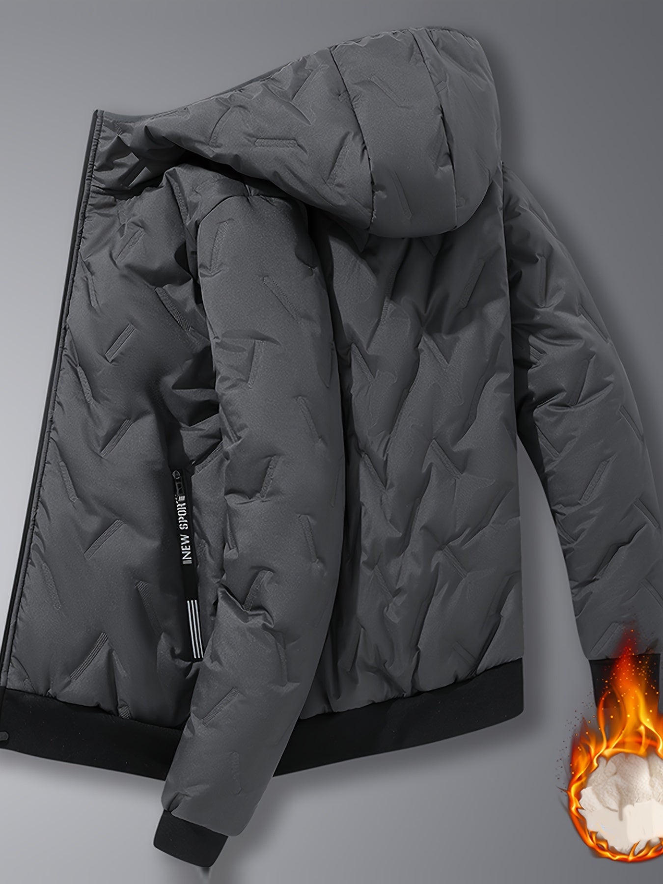 Men's Casual Winter Jacket - Thick Fleece-Lined, Windproof Hooded Coat with Embossed Design, Zip-Up, Solid Color