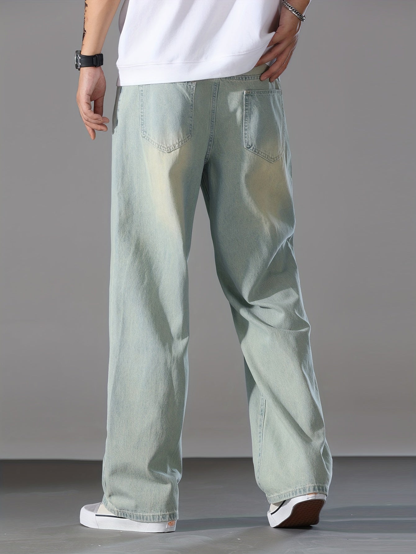 Men's Loose Solid Denim Barrel Pants With Pockets, Causal Cotton Blend Jeans For Outdoor Activities
