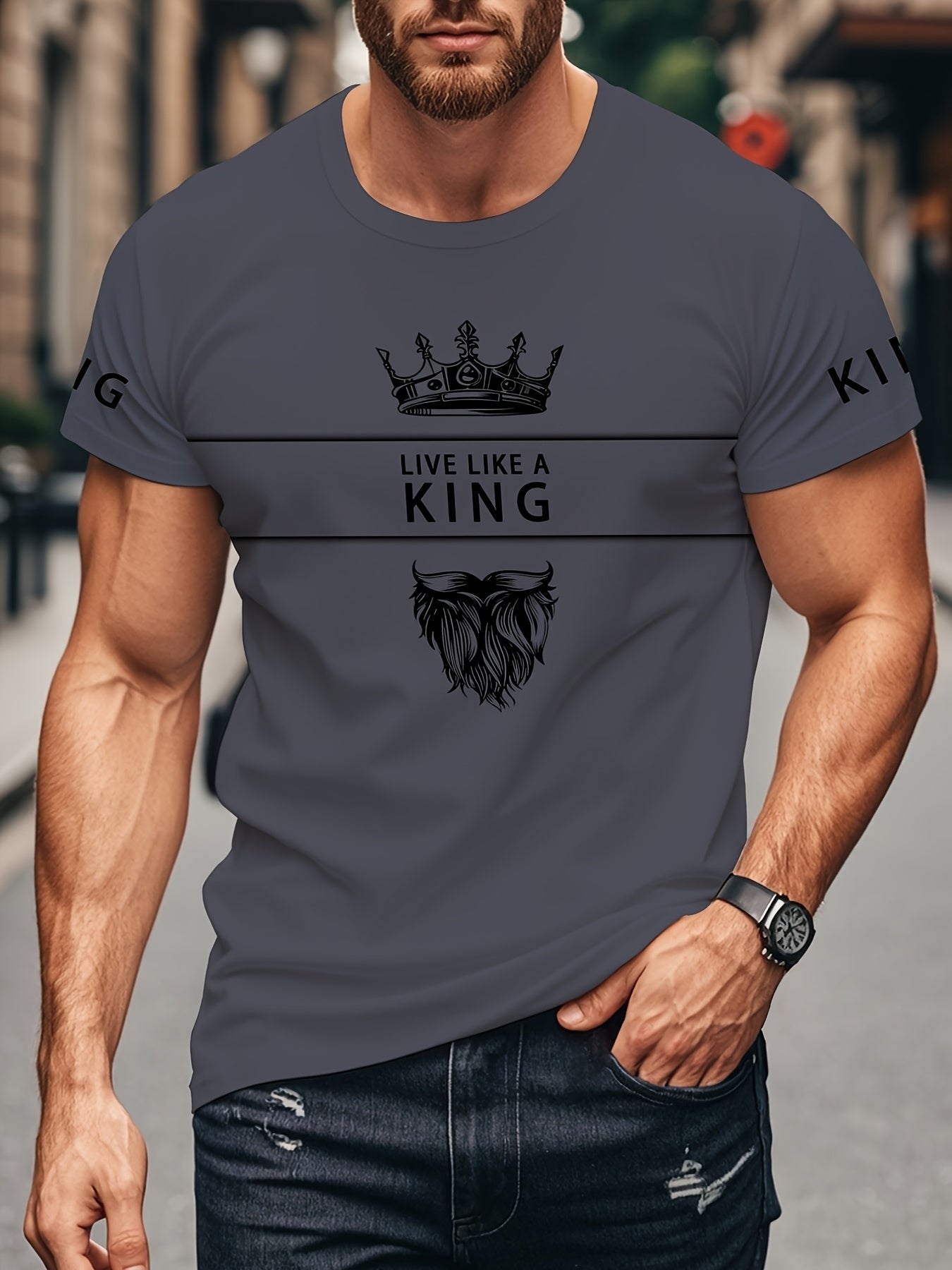 Men's 3D Digital Print T-Shirt with Crown "LIVE LIKE A KING" Slogan - Casual Round Neck Regular Fit Machine Washable Graphic Tee for Casual Attire, Streetwear Fashion, Bold Statement Shirt, Durable Fabric Shirt