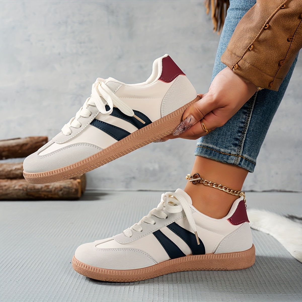 Women's Casual Low-Top Sneakers - Trendy Color Block Design, Light Gray with Navy Blue & Red Stripes, Comfortable Lace-Up Shoes for Casual Attire, Retro Style, Faux Cover Upper, PVC Sole, EVA Insole, Perfect for Spring and Fa