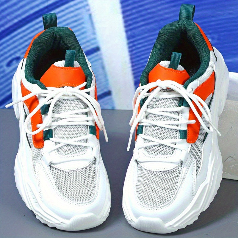 Women's Breathable Mesh Sneakers - Lightweight Lace-Up Sneakers with Contrasting Color Design, White Base with Green Orange Accents, Perfect for Tennis, Outdoor Activities, and Casual Attire, Casual Sneakers Casual Sneake